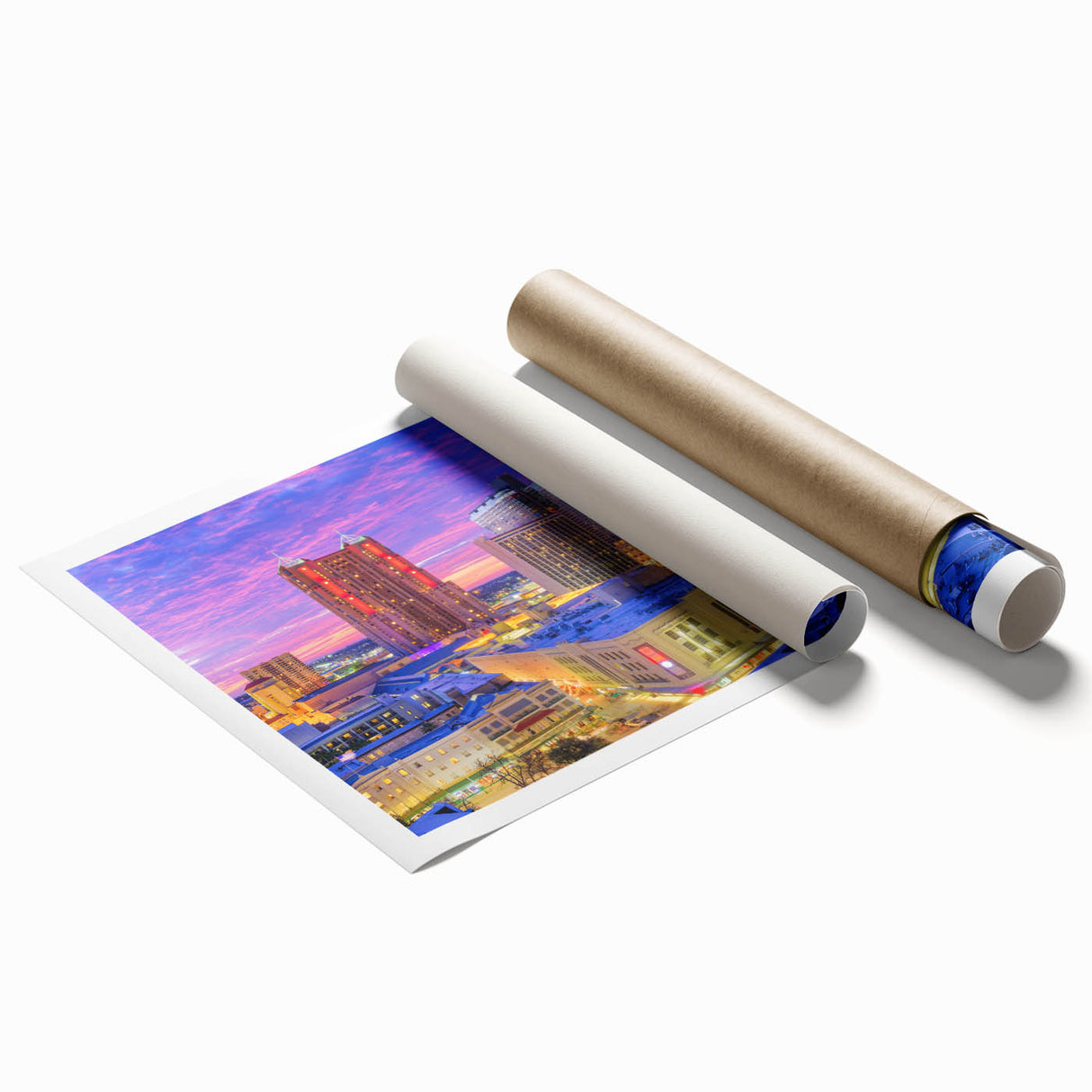 Extra large rolled print of San Antonio scenery with floral patterns, in muted colors, ideal for classy bathroom wall art.