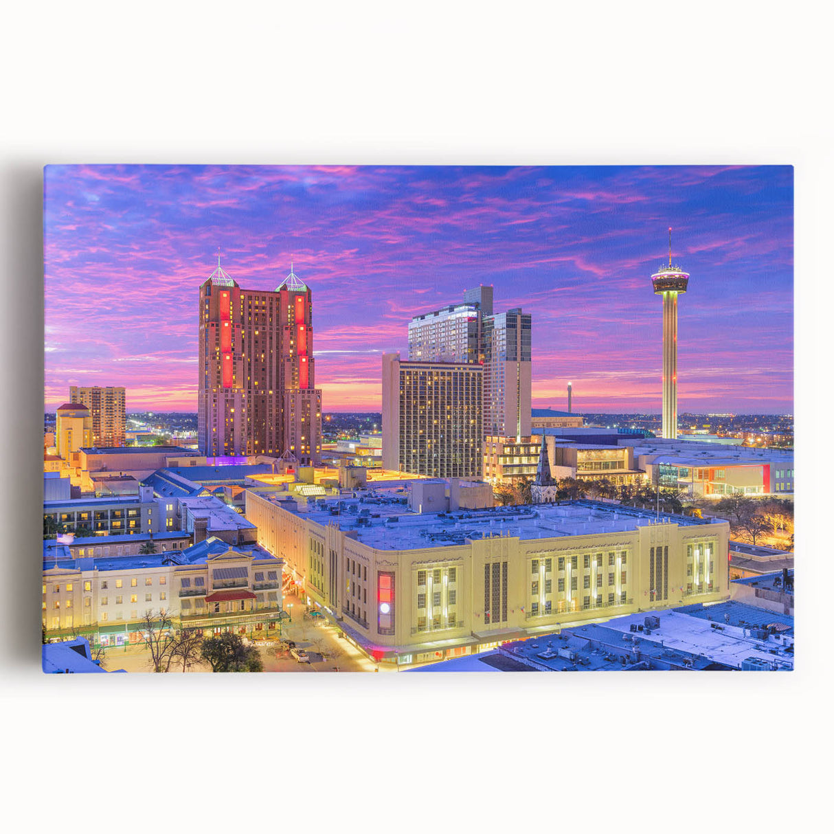 Black and white photo of San Antonio skyline on large stretched canvas, suitable for kitchen wall art.