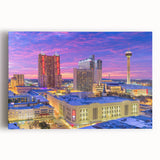 Black and white photo of San Antonio skyline on large stretched canvas, suitable for kitchen wall art.