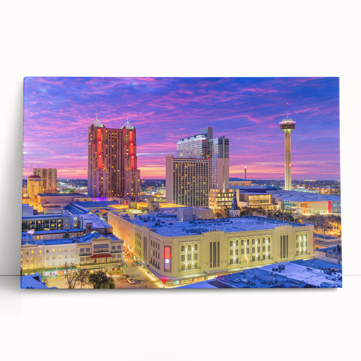 Black and white stretched canvas of San Antonio skyline, ideal for kitchen wall art or bedroom ambiance.