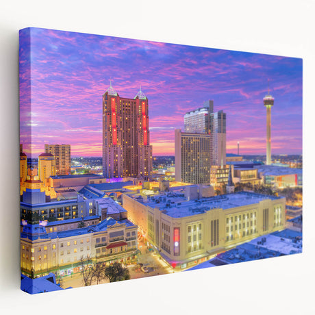 San Antonio skyline in muted earth tones on a large stretched canvas, suitable for kitchen wall art.
