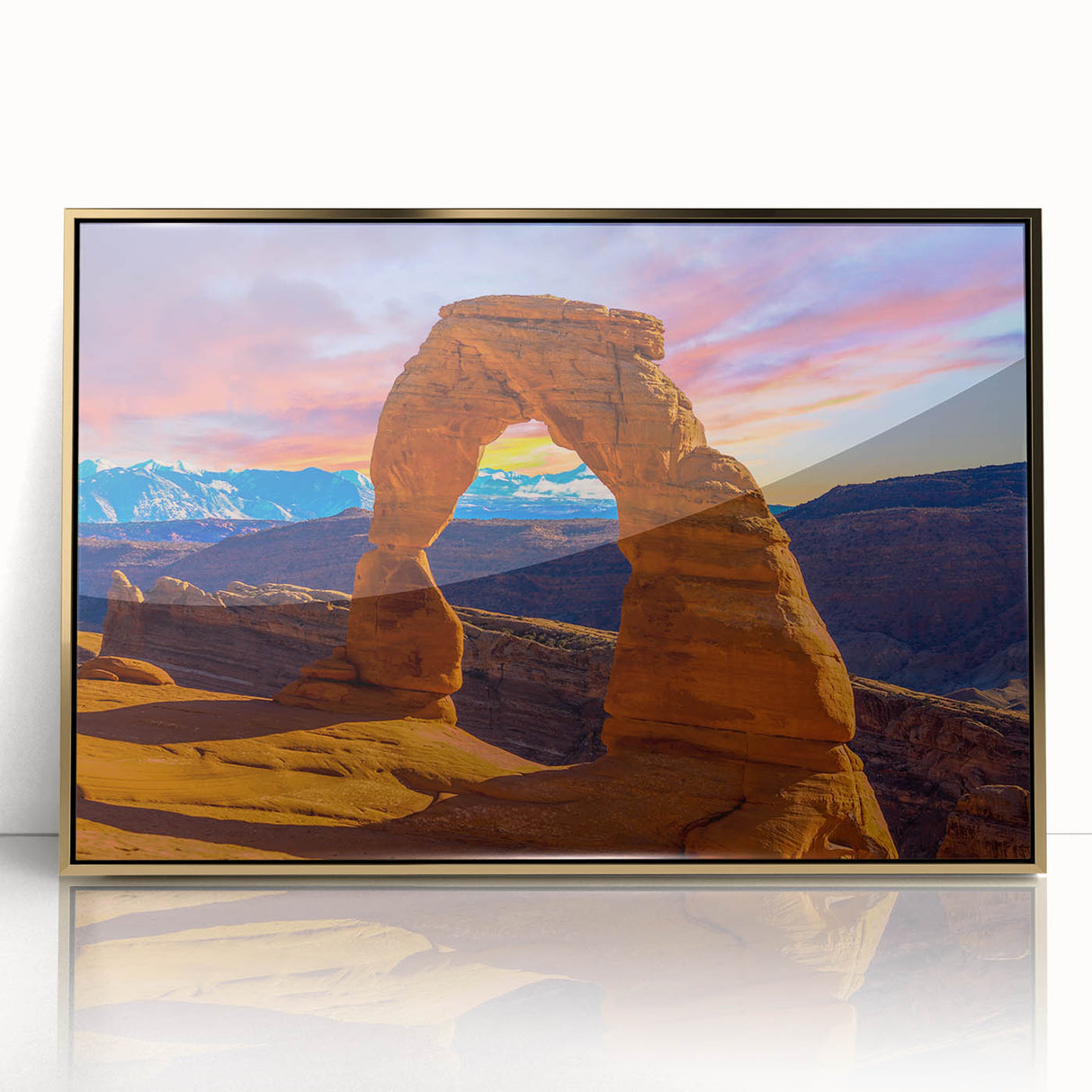 Framed acrylic print of Arches National Park with warm golden tones, ideal for modern art wall decor.