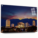 Acrylic print of Salt Lake City with vivid blue and green tones, ideal for dining room art.