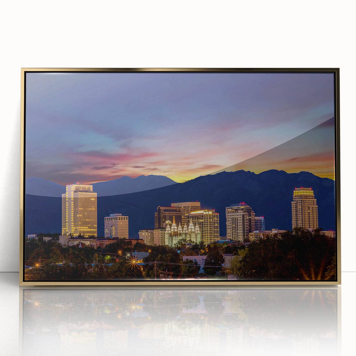 Mid-century modernist art of Salt Lake City in acrylic, framed in gold, ideal for modern art wall decor.