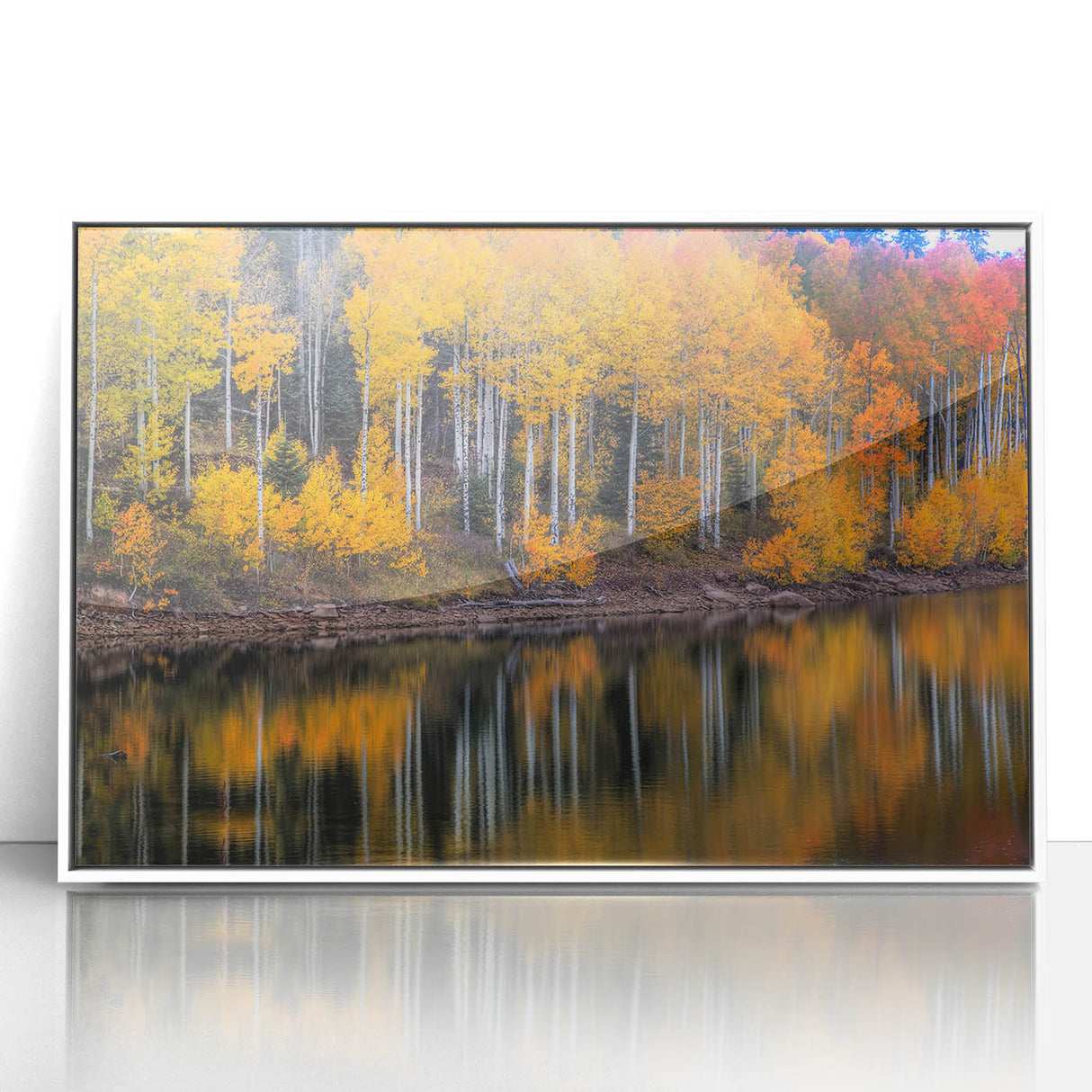 Acrylic print of Zion National Park in muted earth tones, framed in white, suitable for modern art wall decor.