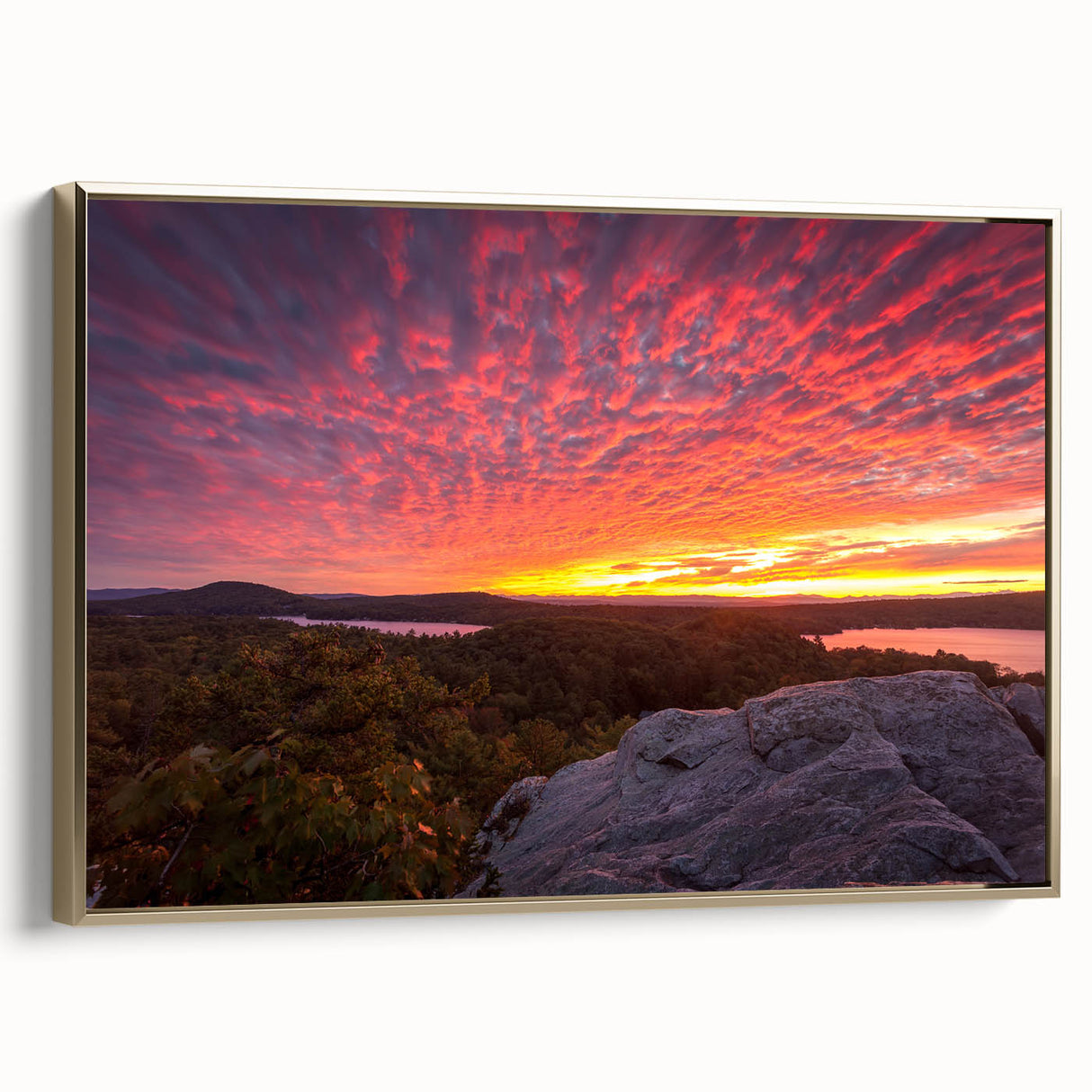 Framed canvas featuring a vintage-style Vermont landscape in muted gold and black tones, ideal for bedroom decor.