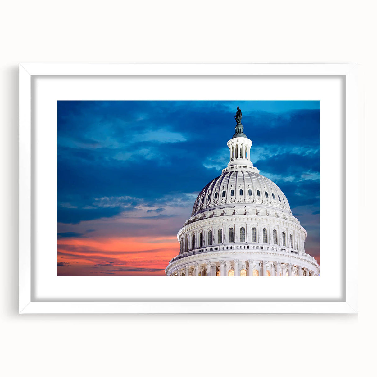 Abstract art print of the Washington DC Capitol in muted gray tones, framed with a white mat, suitable for dining room decor.