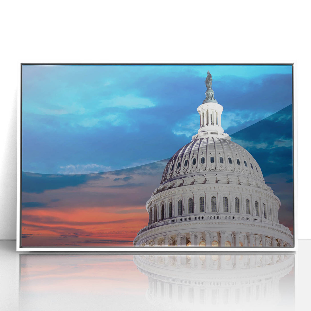 Framed acrylic print of the Washington DC Capitol in muted gray and blue tones, suitable for modern art wall decor.