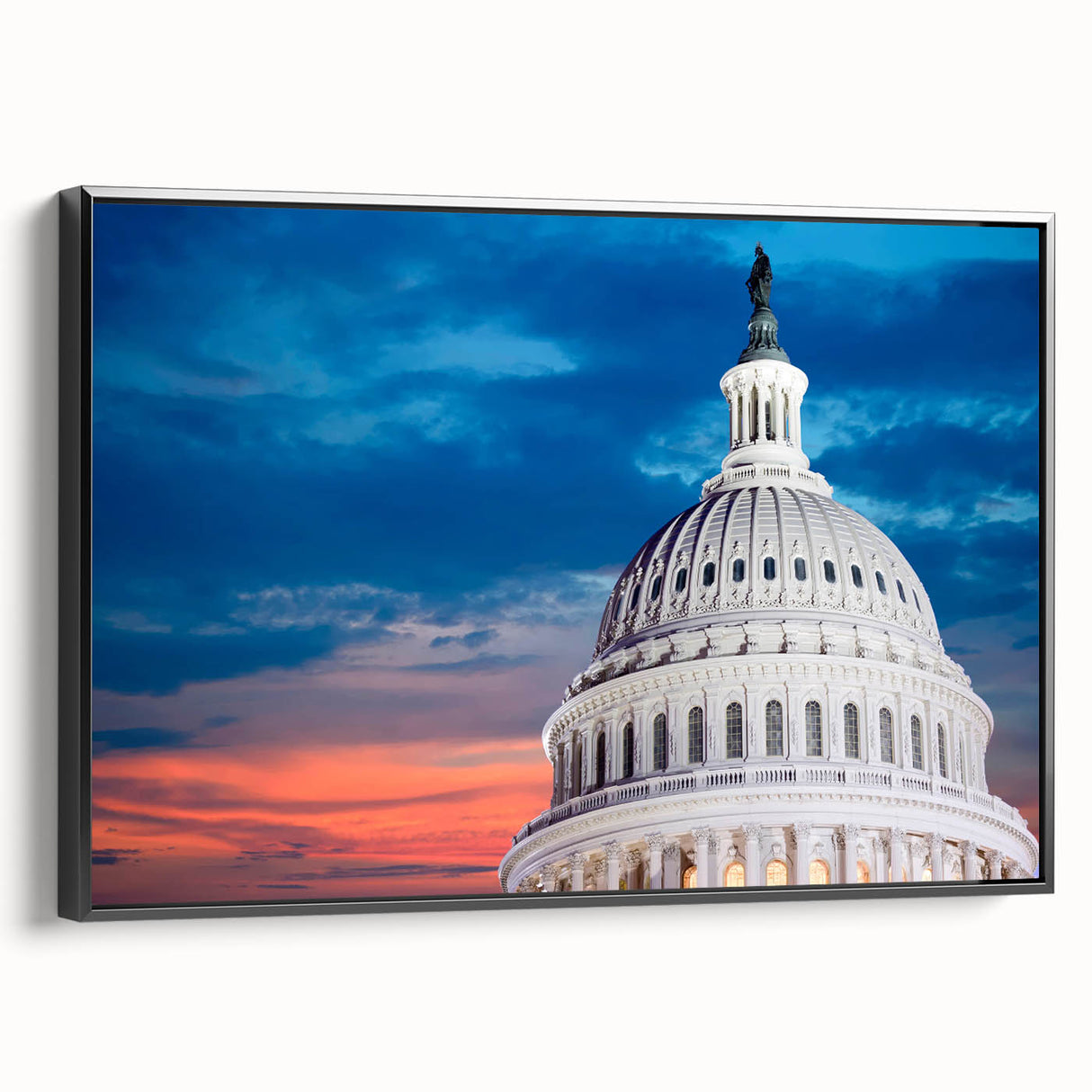Framed canvas wall art featuring a vintage-style painting of the Washington D.C.
