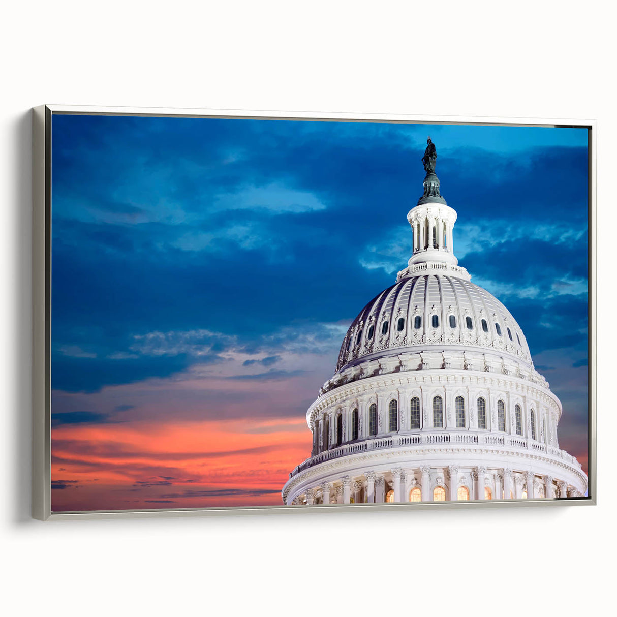 Framed canvas of the Washington DC Capitol in vintage poster style with a black and colorful palette, ideal for office decor.