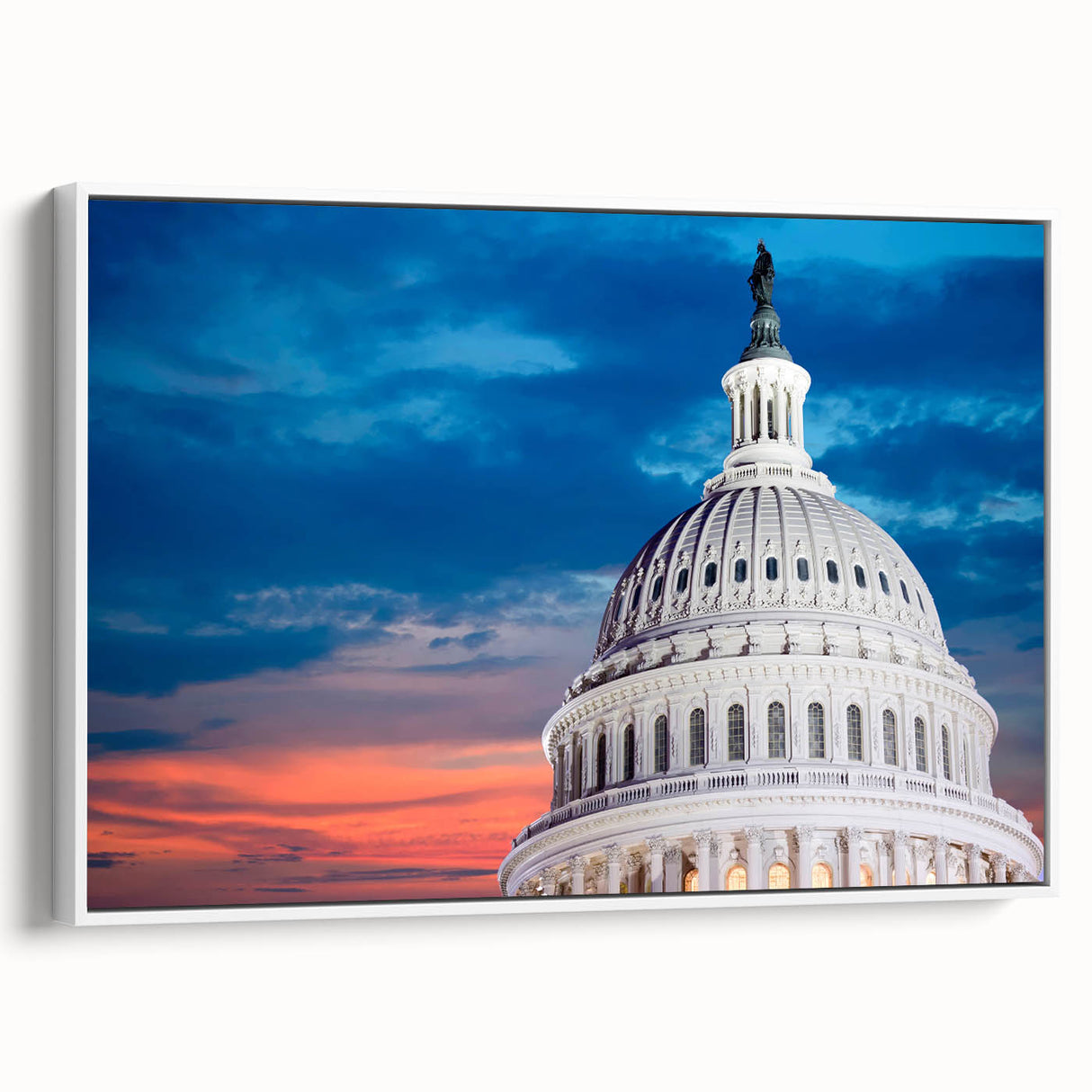 Vintage poster art of Washington DC Capitol on framed canvas, featuring a white border and muted colorful tones.