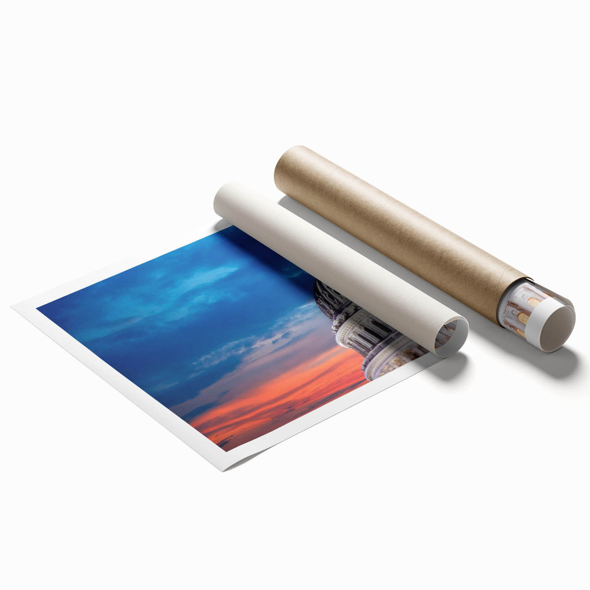 Rolled print of Washington DC Capitol with muted floral accents, ideal for classy bathroom wall art.