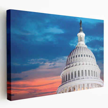 Washington DC Capitol depicted in muted earth tones on a large stretched canvas, suitable for kitchen wall art.