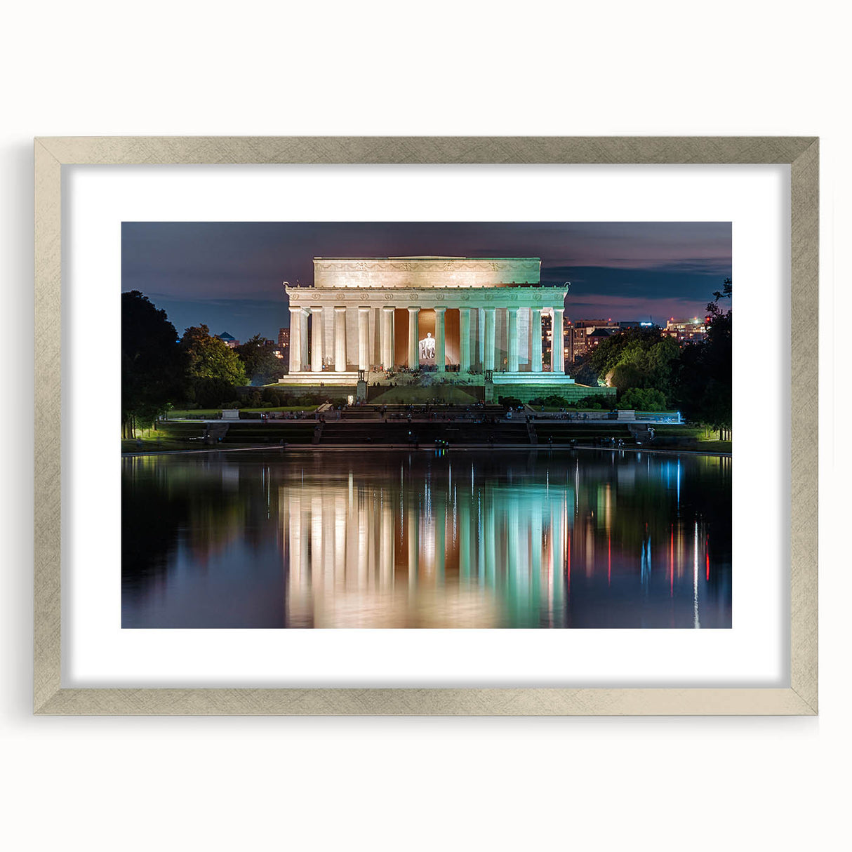 Textured abstract art print of Washington DC with Lincoln Memorial, in muted earth tones, framed with a silver mat.