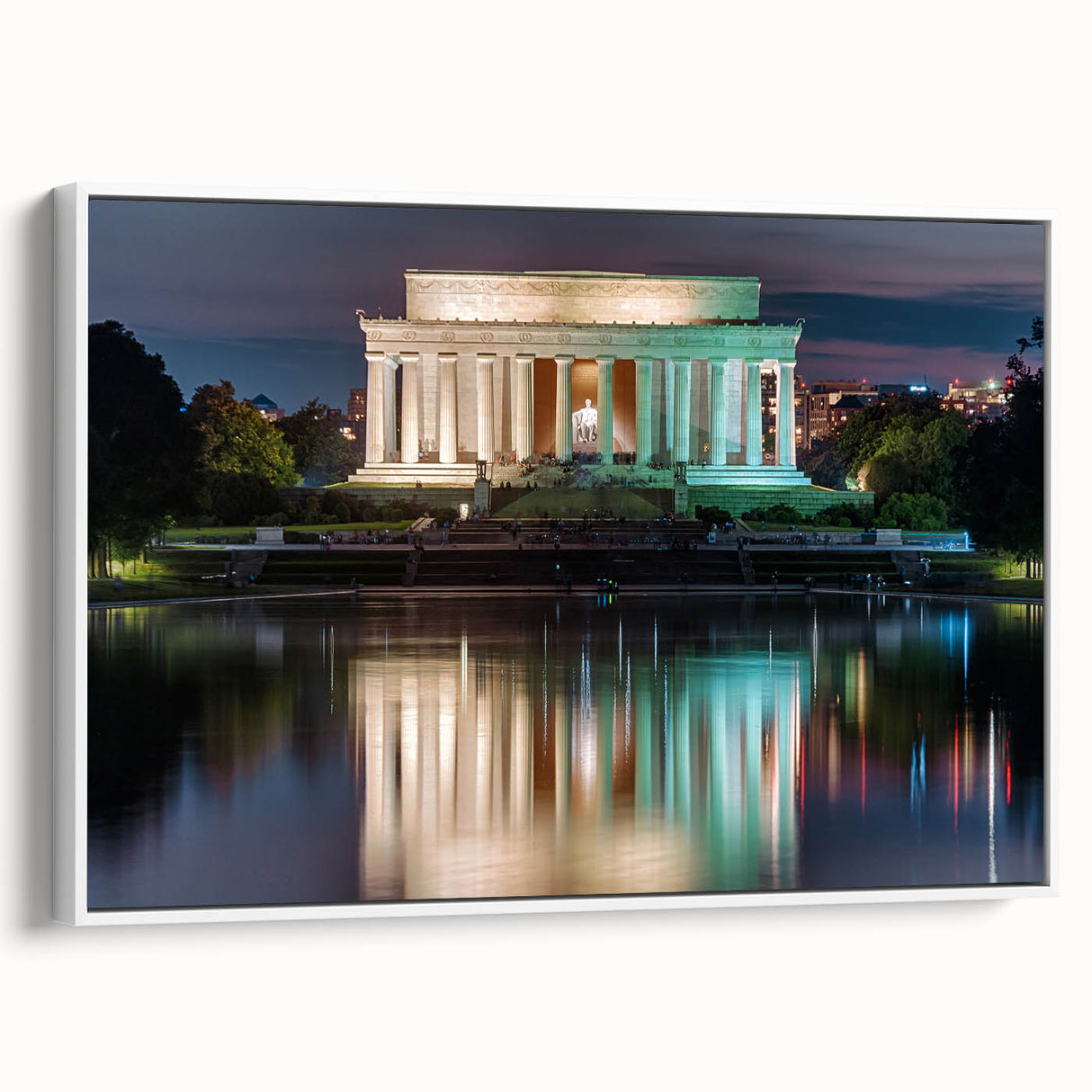Vintage poster art of Washington DC with Lincoln Memorial depicted in colorful hues on a framed canvas.