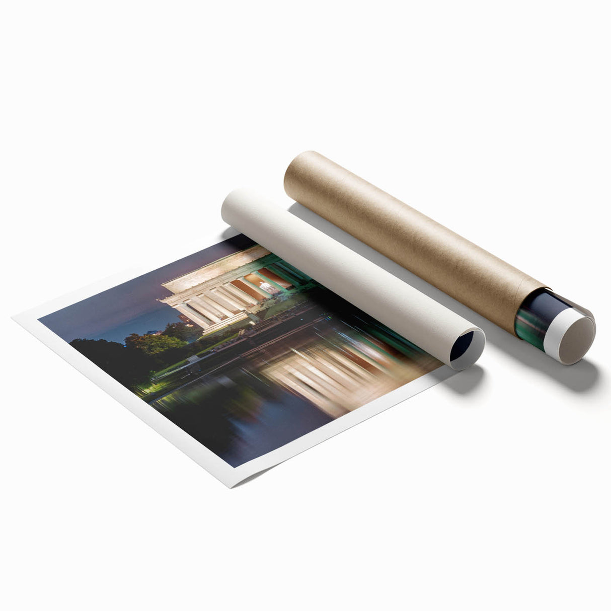 Rolled print of Washington DC's Lincoln Memorial in muted gray tones, ideal for classy bathroom wall art.