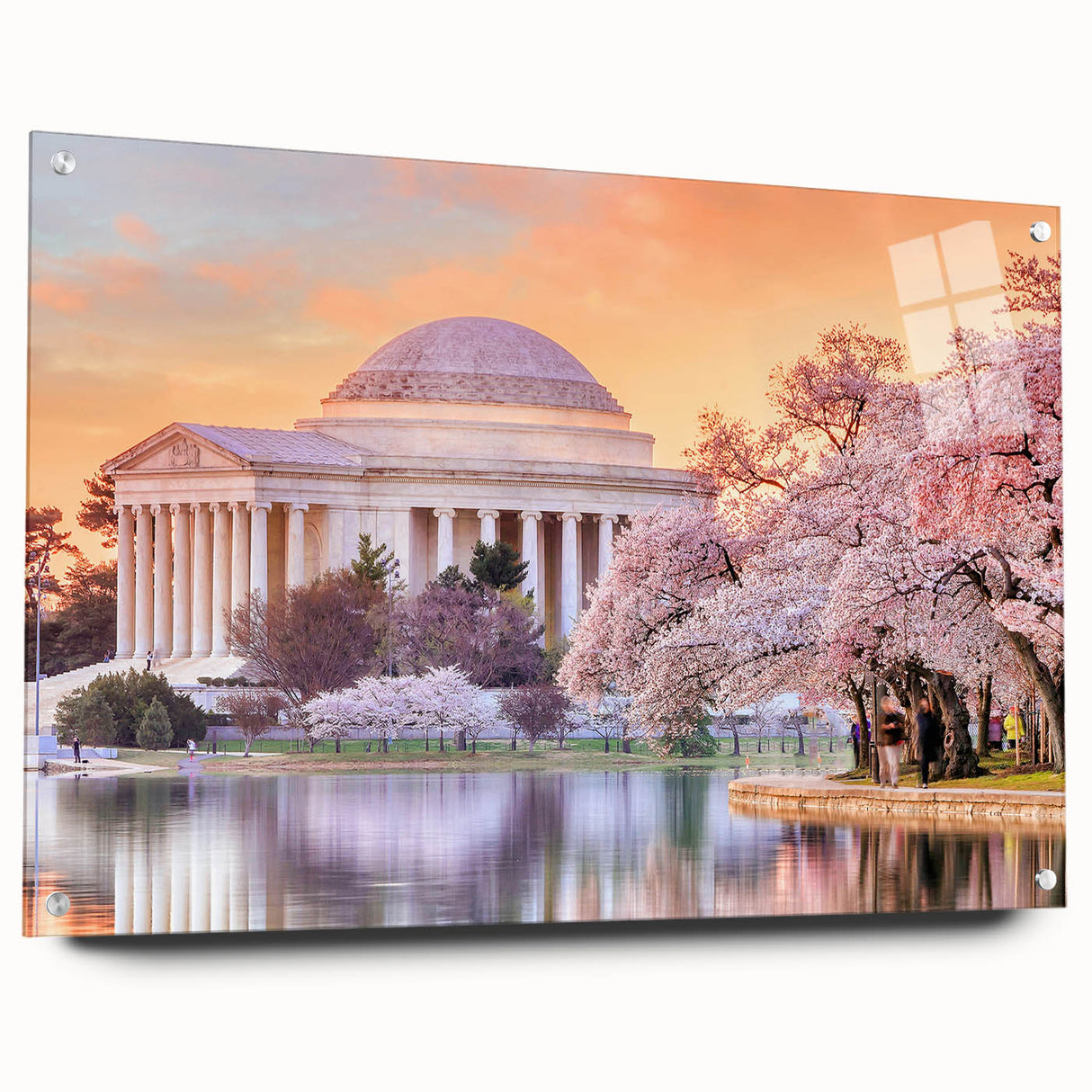 Acrylic print of Washington D.C. monuments in muted grayscale, ideal for dining room decor.