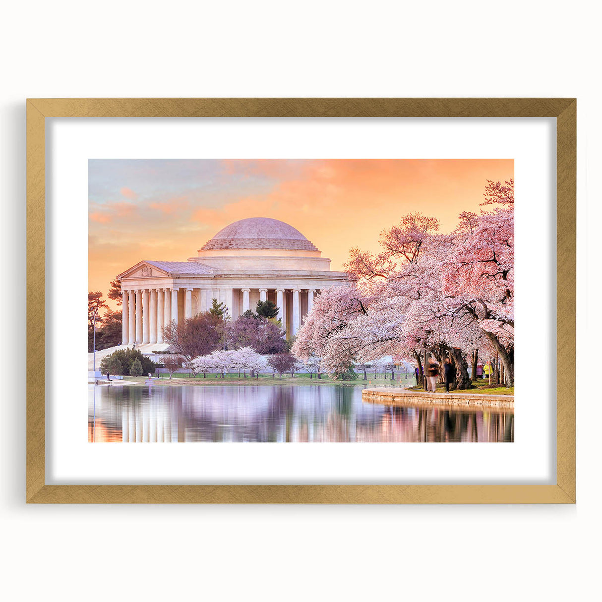 Extra large textured art print of the Washington DC monument in muted earth tones, framed in gold.