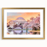 Extra large textured art print of the Washington DC monument in muted earth tones, framed in gold.