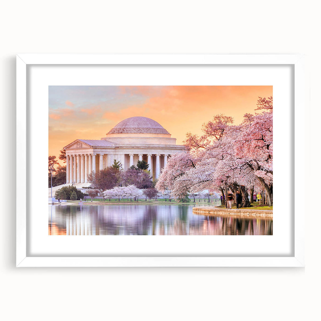 Abstract art print of Washington DC monuments in muted gray tones on a framed white mat, ideal for dining room decor.