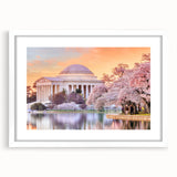 Abstract art print of Washington DC monuments in muted gray tones on a framed white mat, ideal for dining room decor.