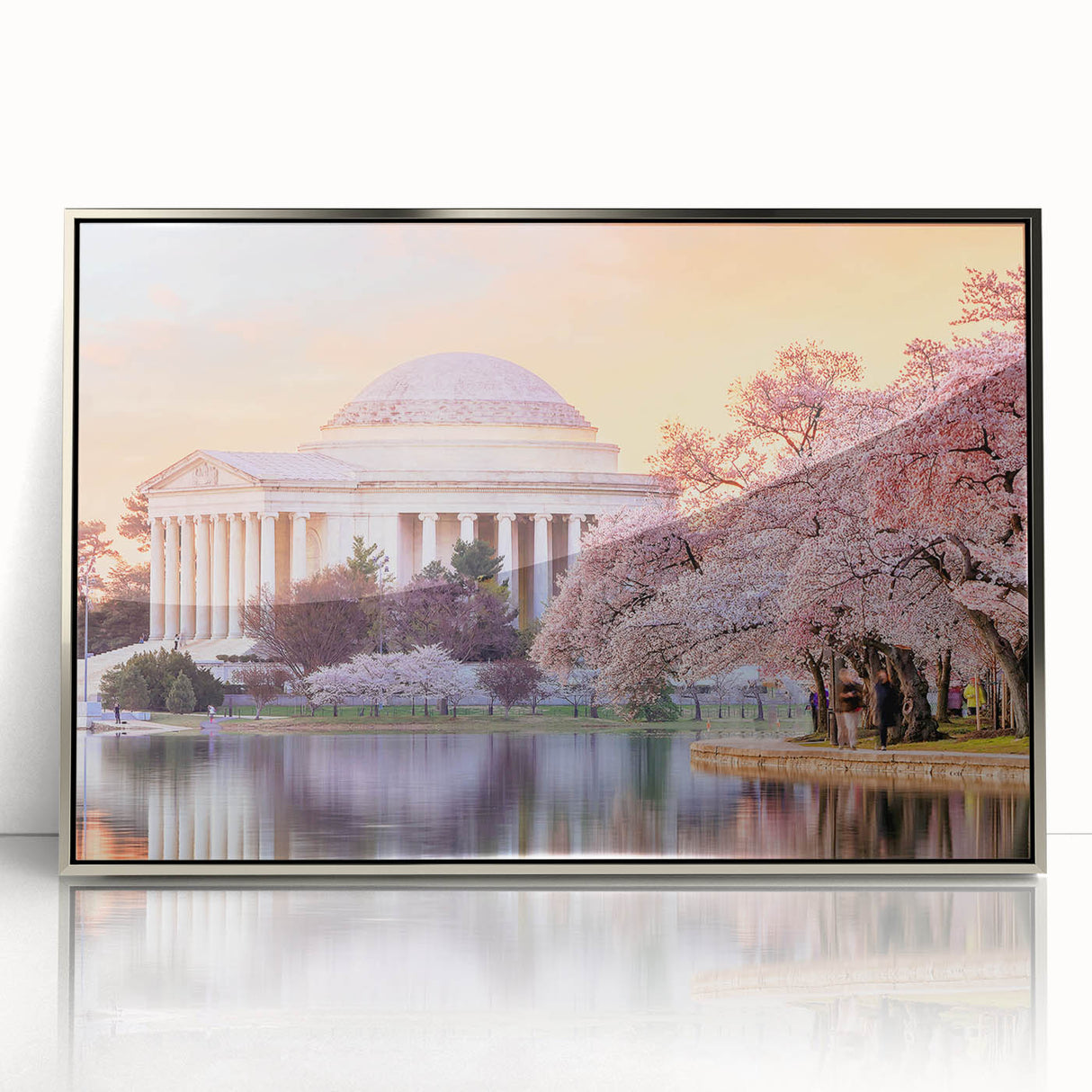 Mid-century modernist art depicting Washington DC monuments in muted gray tones on a framed acrylic print.