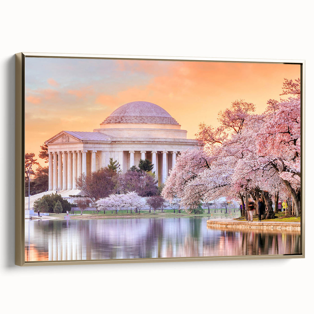 Framed canvas of Washington D.C. monument in vintage poster style with black and gold tones, ideal for bedroom wall art.