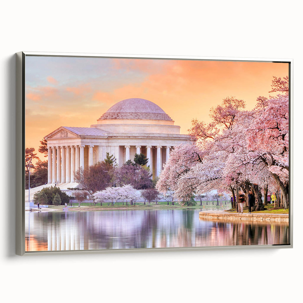 Framed canvas featuring a monochrome vintage poster of the Washington DC skyline, ideal for office decor.