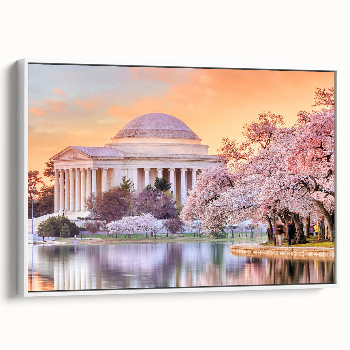 Vintage poster art of Washington DC monuments in colorful tones on extra-large framed canvas, suitable for living room decor.