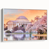 Vintage poster art of Washington DC monuments in colorful tones on extra-large framed canvas, suitable for living room decor.