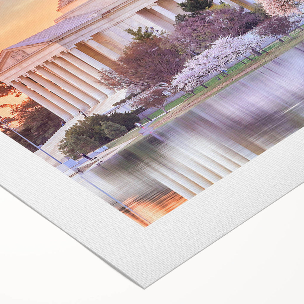 Art deco poster of Washington D.C. monuments in muted tones on rolled canvas, suitable for dining room walls.