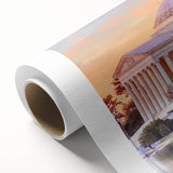 Art deco poster of Washington DC monuments in muted colors on rolled canvas.