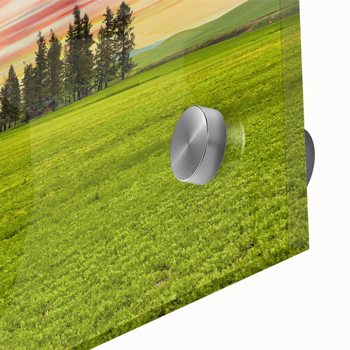 Mid-century modernist art of Palouse, Washington in muted earth tones on large acrylic glass, ideal for dining room art.
