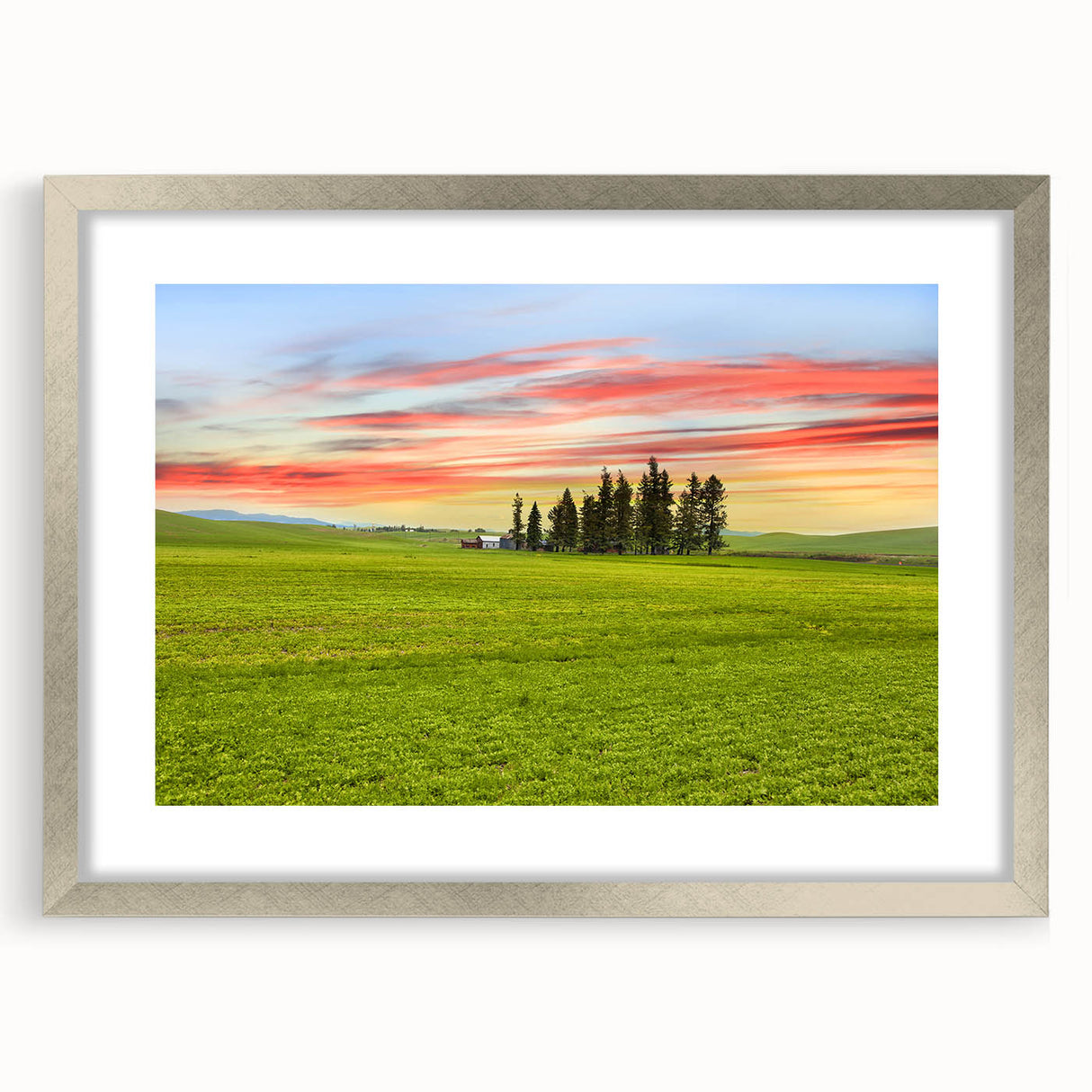 Textured art print depicting abstract rolling hills of Palouse in muted green and brown tones, framed in silver.