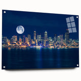 Acrylic print of Seattle skyline in muted blue tones, suitable for dining room or bedroom decor.