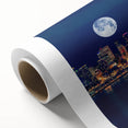 Art deco poster of Seattle skyline in muted blue and gray tones on rolled canvas, ideal for nursery wall art.