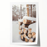 Winter-themed floral art on rolled canvas, featuring muted blue and white tones.