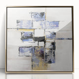 Framed abstract geometric art piece featuring a gold and black design, displayed in an elegant acrylic frame, perfect for modern home decor. Ideal for adding a contemporary touch to living spaces.