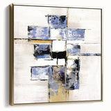Abstract geometric framed canvas artwork in silver and gold tones, showcasing a modern design with sharp angles and smooth lines, perfect for contemporary decor.