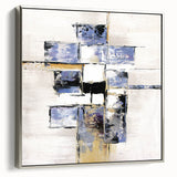 Abstract geometric framed canvas artwork in silver, showcasing intricate shapes and modern design elements, perfect for contemporary home decor.