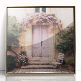 Mid-century modernist style large art print of a French door architecture in gold tones, acrylic framed.