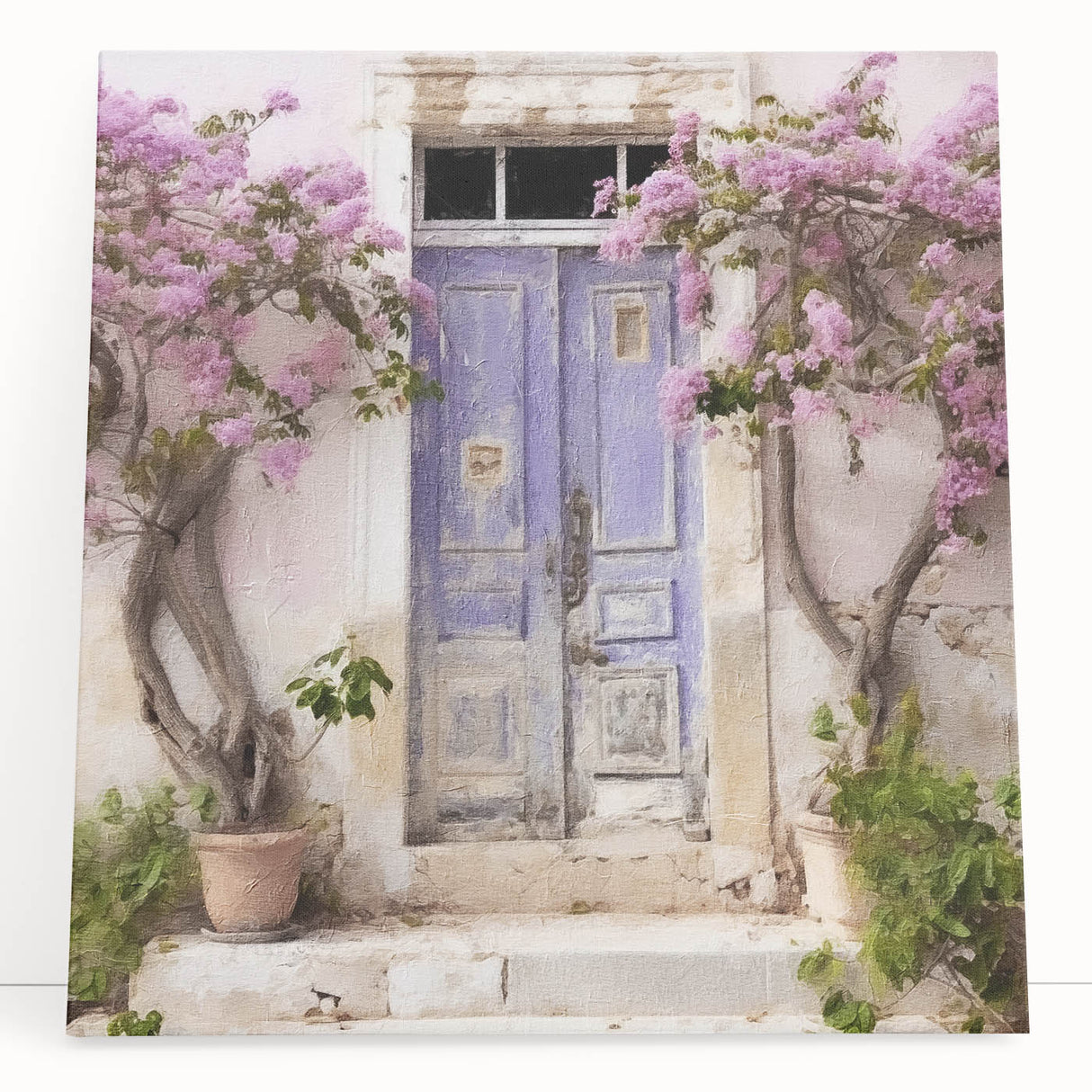 Black and white photo of a Greek door architecture on stretched canvas, suitable as large kitchen or bedroom wall art.