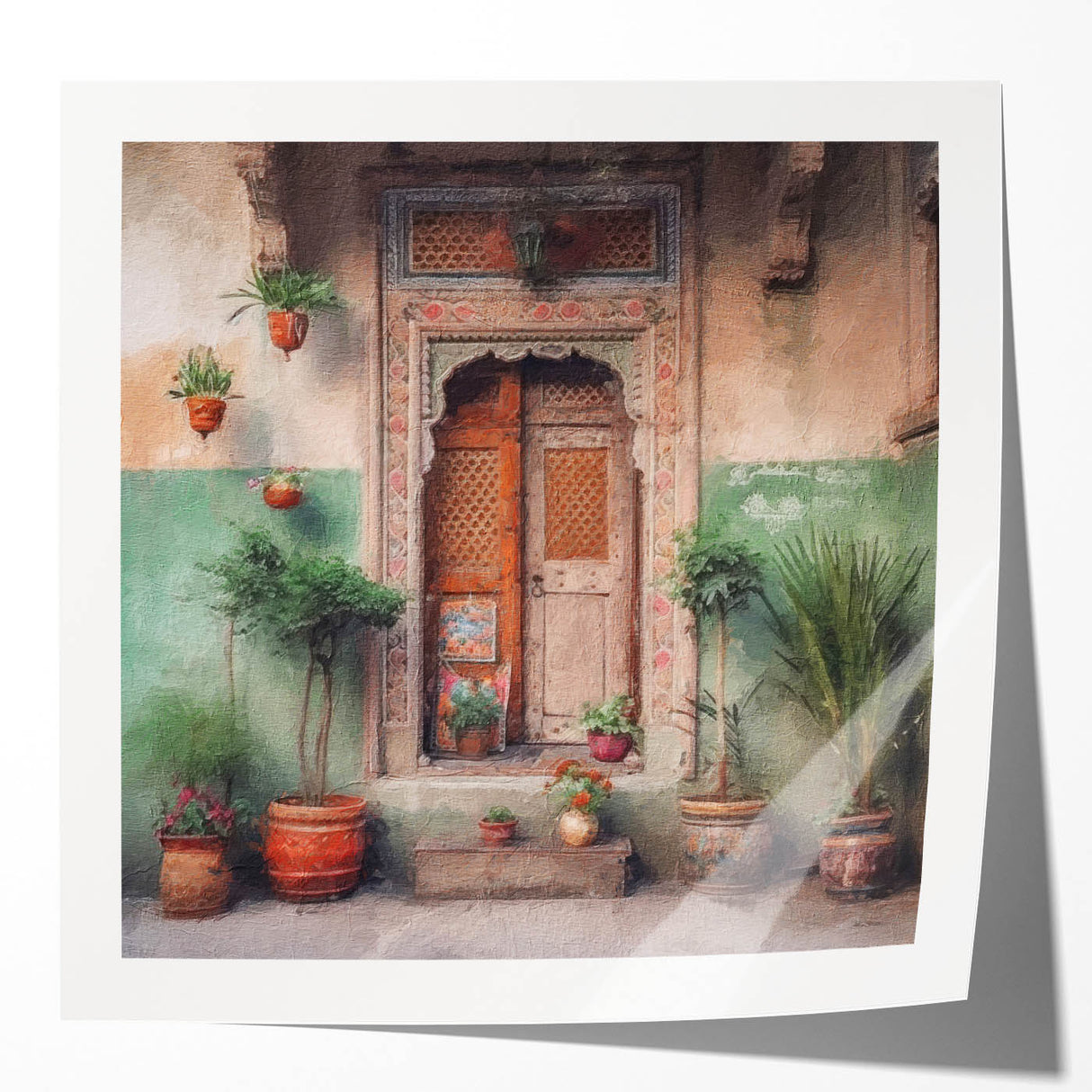 Extra large wall art featuring a detailed Indian door design in earthy tones on glossy photo paper.