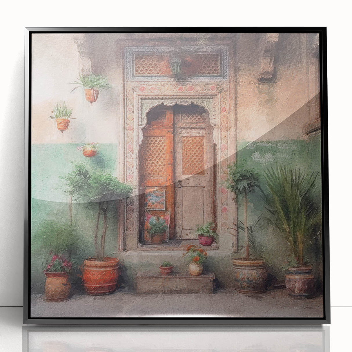 Large abstract wall art featuring a mid-century modernist design of an Indian architecture door in black acrylic frame.