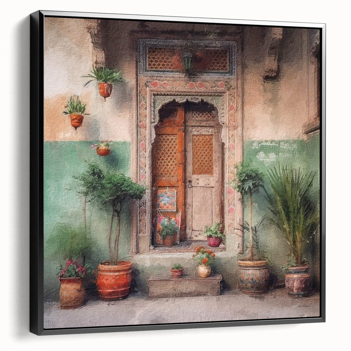 Black and white framed canvas featuring a detailed Indian door design, ideal for bedroom wall art.