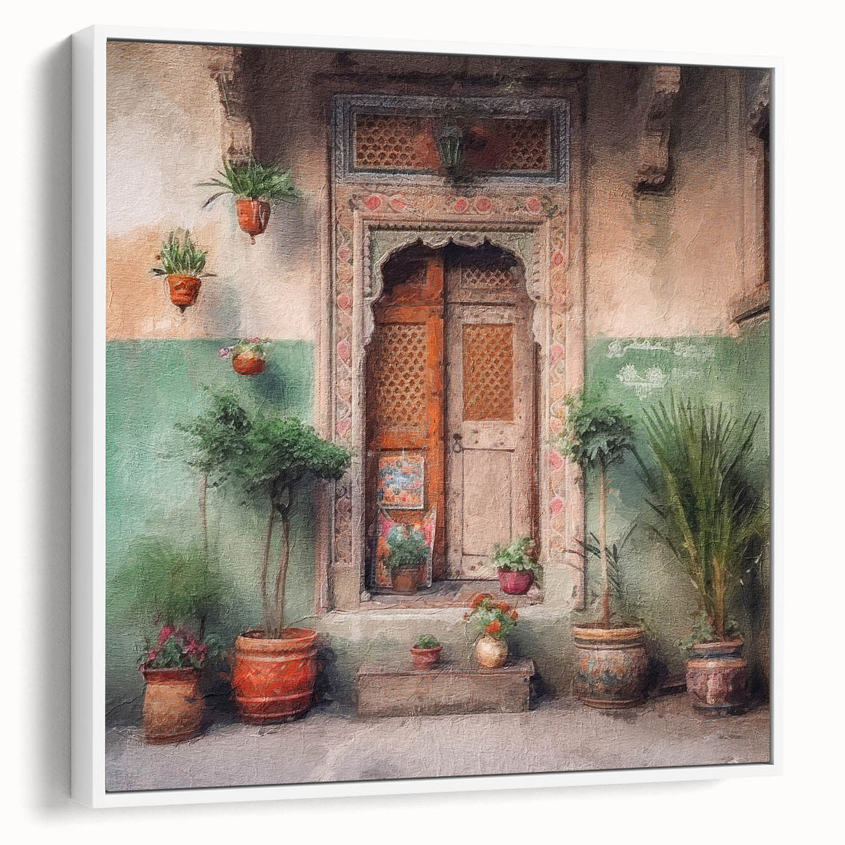 Vintage poster art of an intricate Indian door in vibrant colors on a large framed canvas, ideal for living room decor.