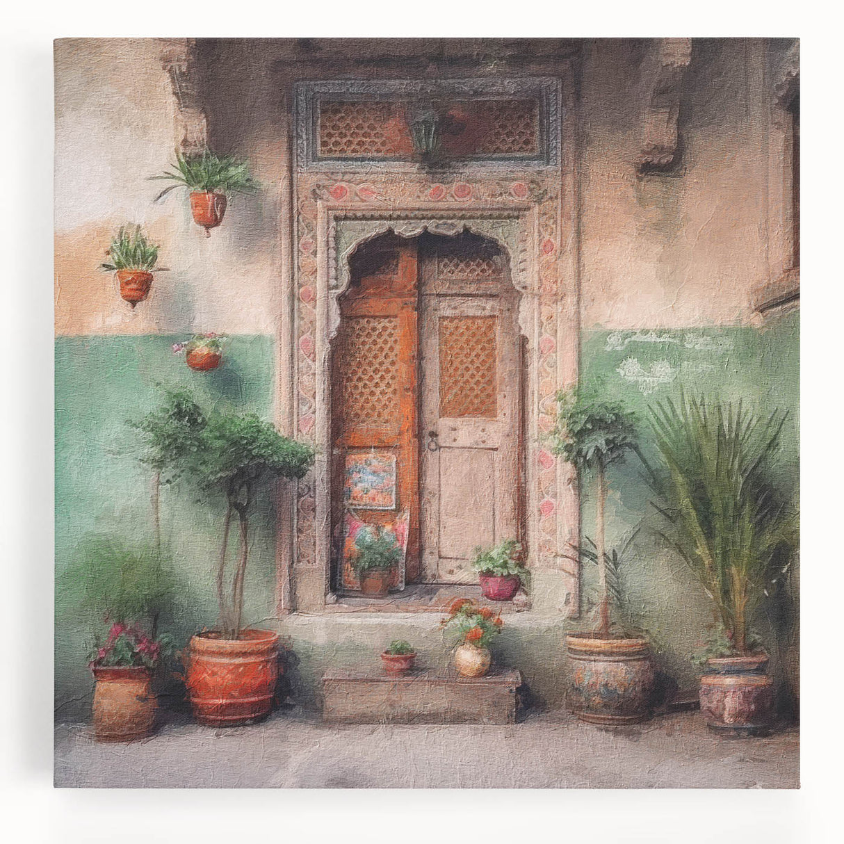 Black and white photograph of an intricate Indian door design on a large stretched canvas, suitable for kitchen wall art.