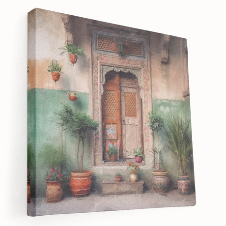 Large art print of an Indian architecture door on stretched canvas, featuring earthy tones, ideal for kitchen wall decor.