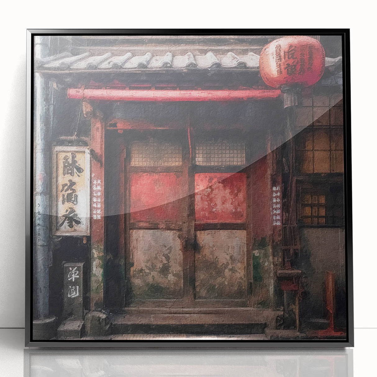 Large abstract wall art featuring a minimalist Japanese door design in black and white, framed in acrylic.