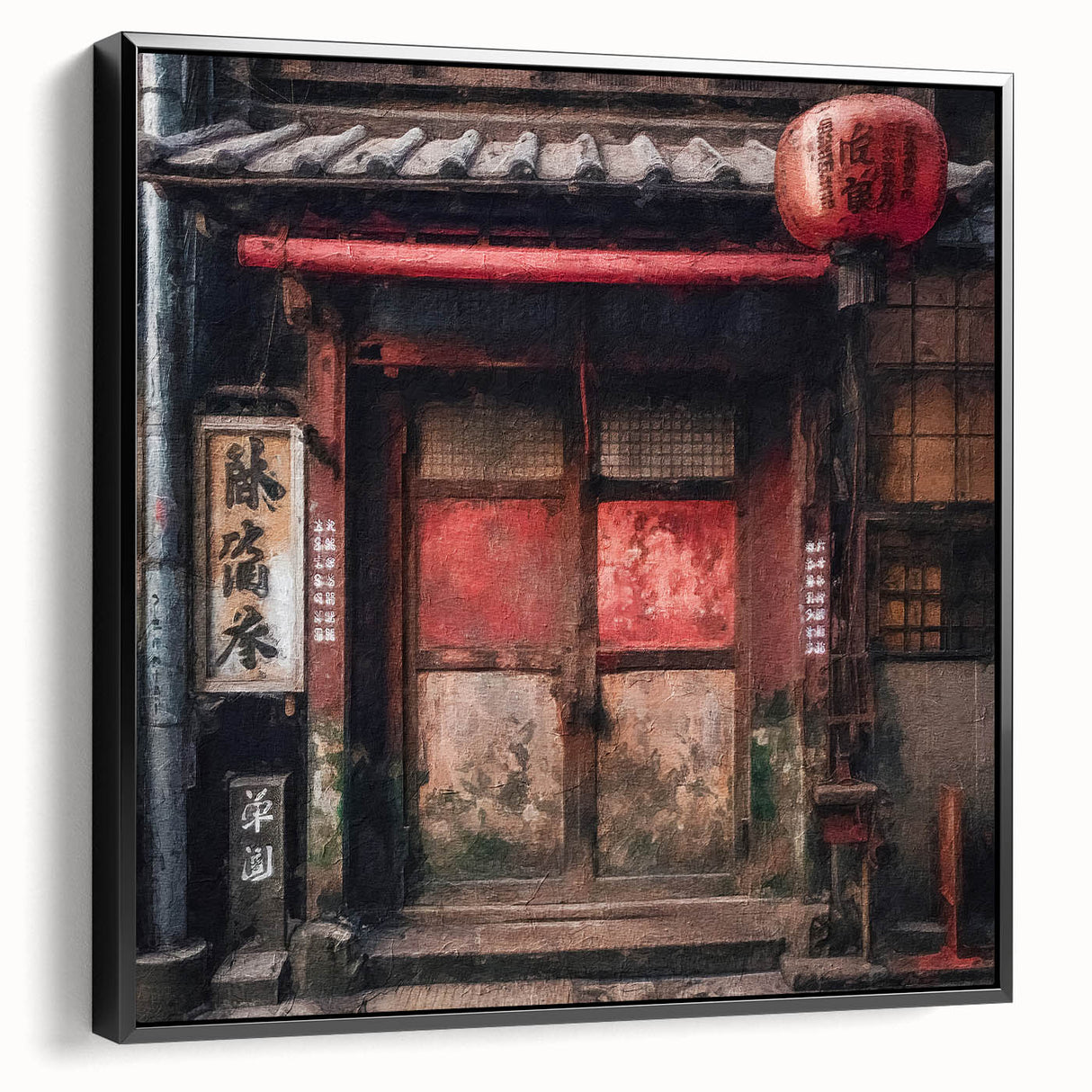 Black and white vintage poster art of a Japanese door on a framed canvas, suited for bedroom wall decor.